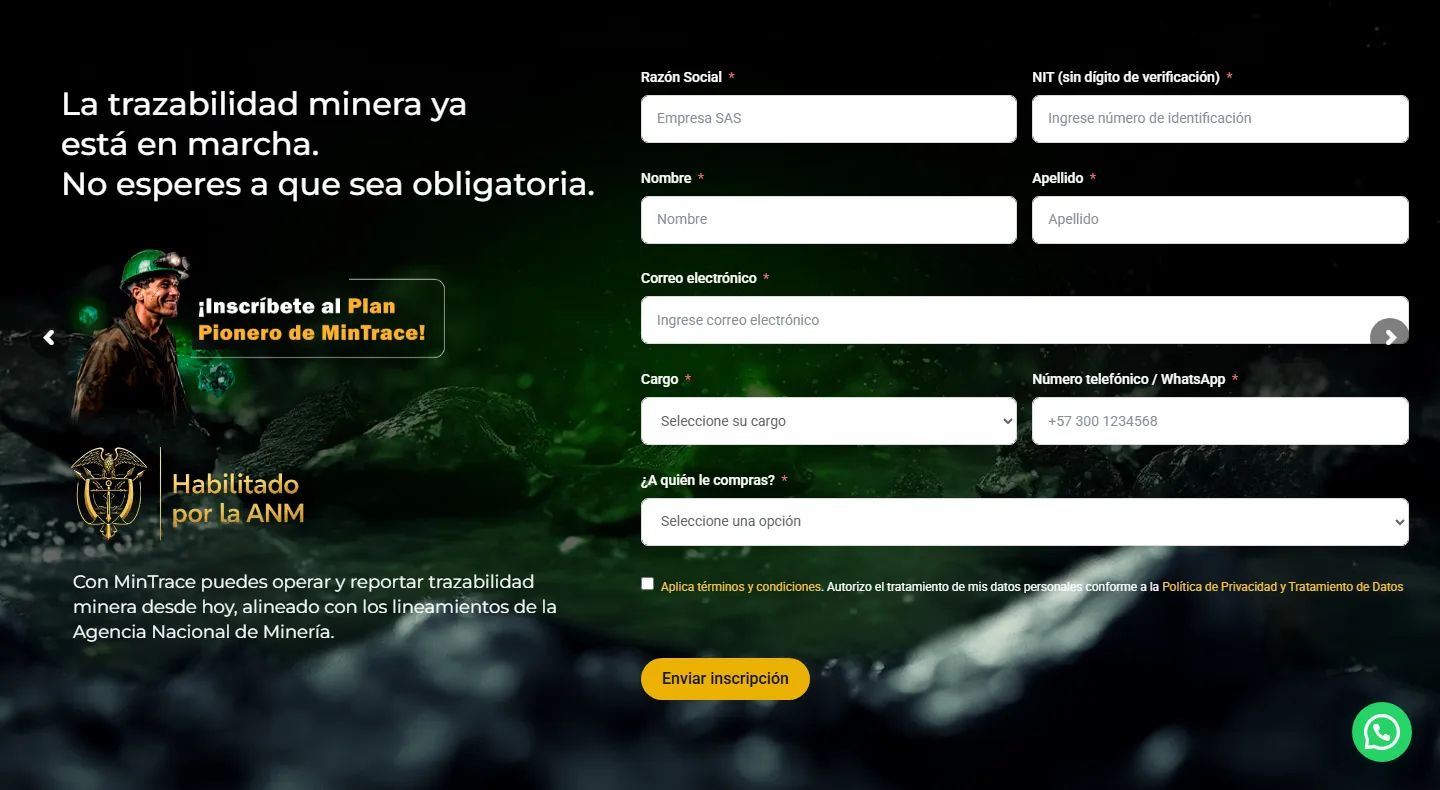 Página de inicio de MinTrace, plataforma de trazabilidad minera en Colombia
