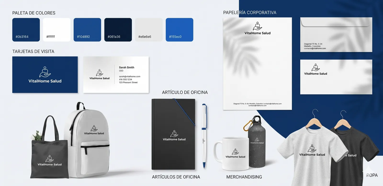 Manual de marca de VitalHome Salud con paleta de colores, tarjetas de presentación, papelería y artículos promocionales