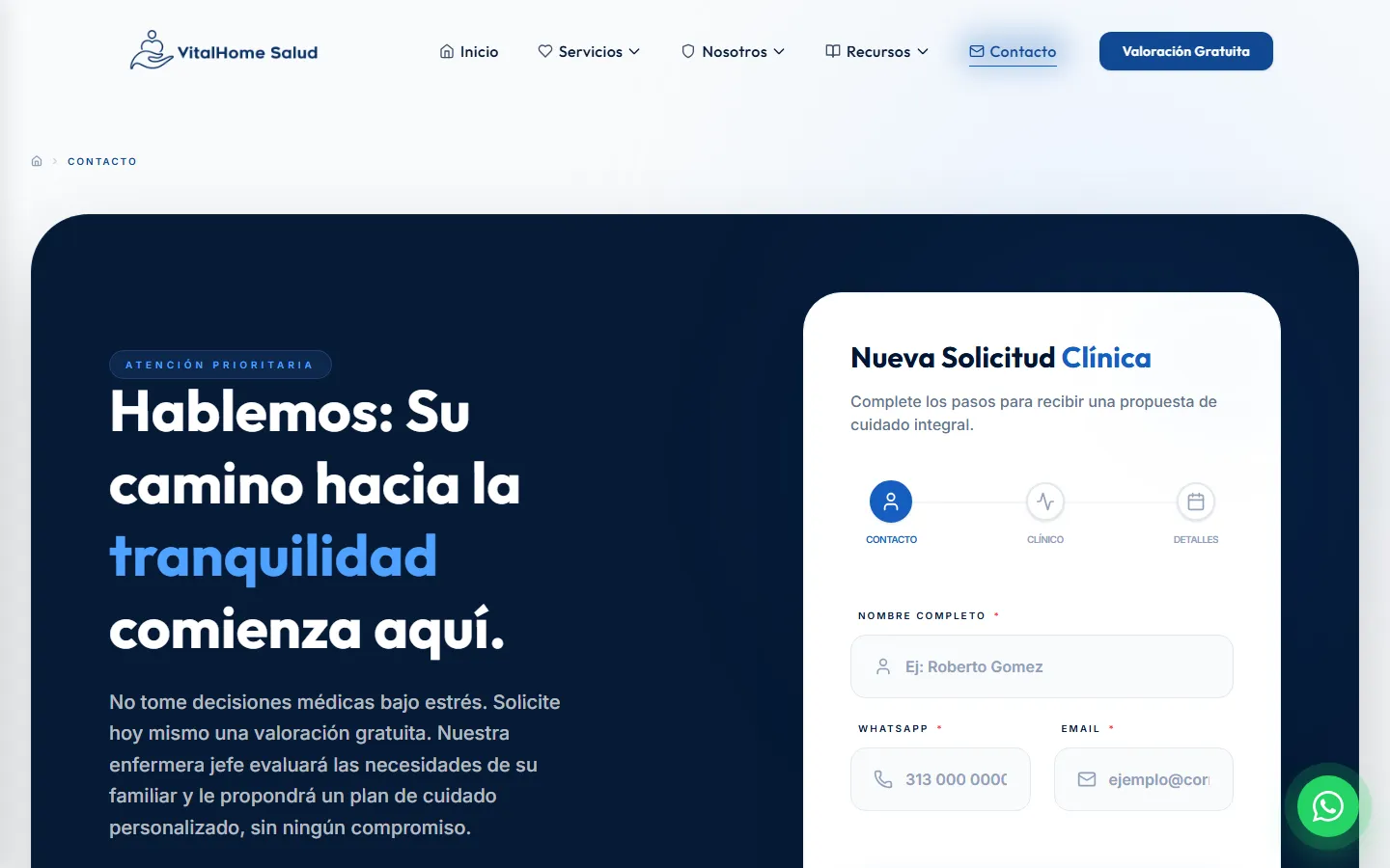 Página de contacto de VitalHome Salud con formulario para solicitar una valoración gratuita de cuidado domiciliario