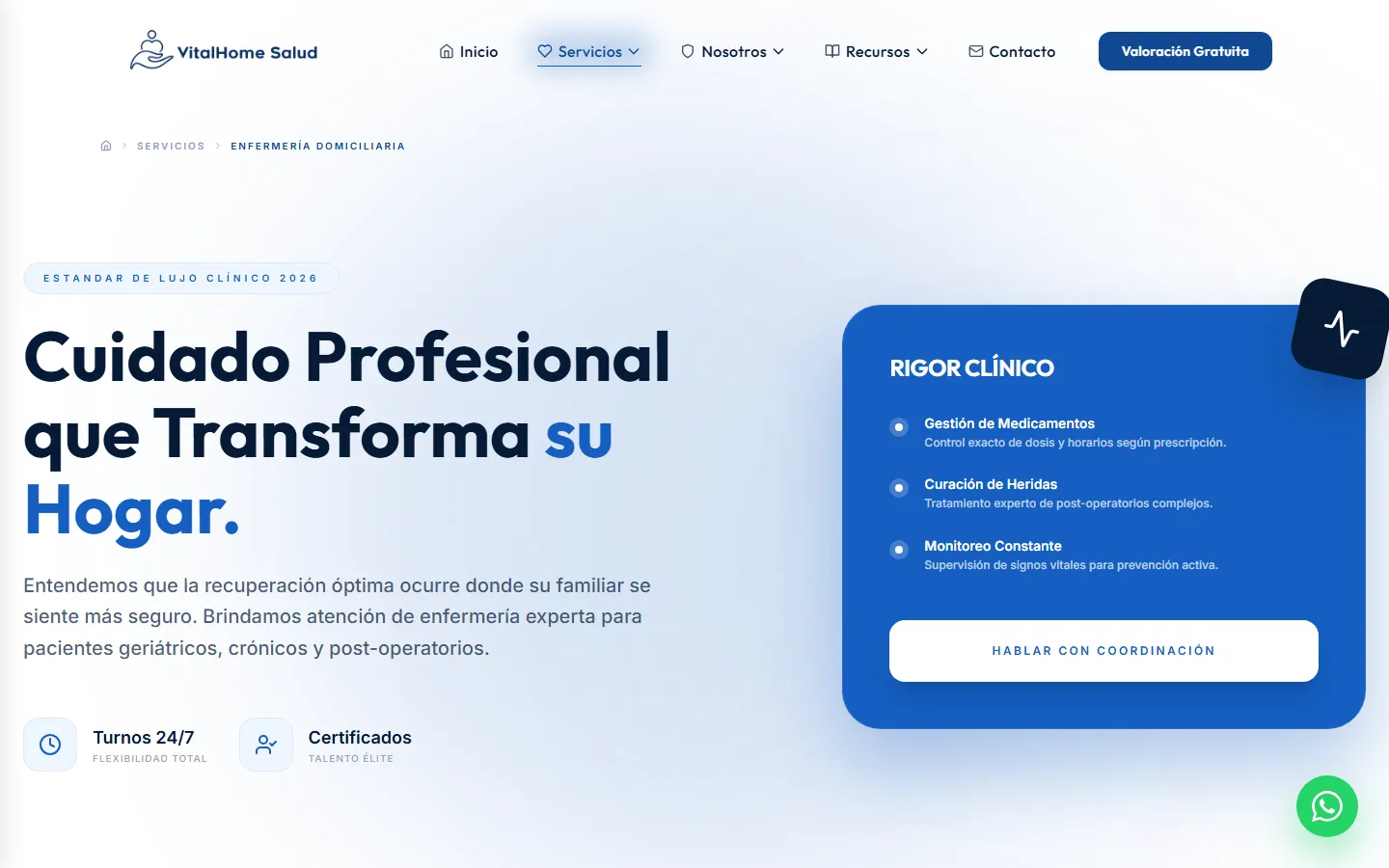 Página de enfermería domiciliaria especializada de VitalHome Salud