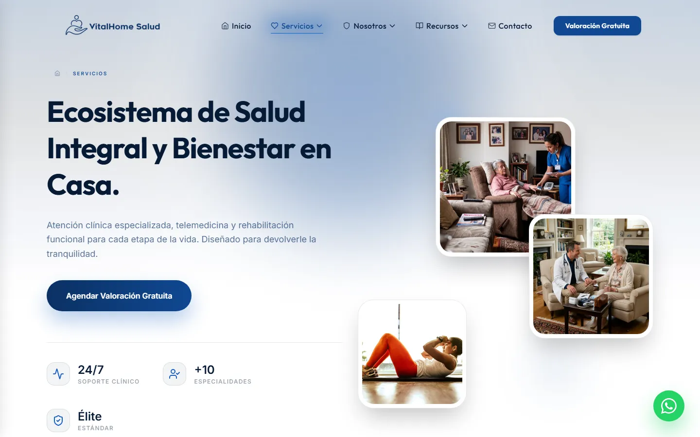 Página de servicios de VitalHome Salud con su oferta integral de cuidado domiciliario