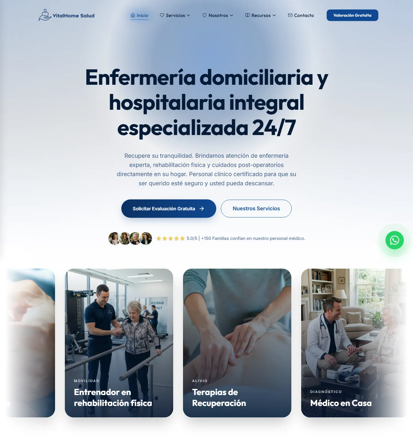 Sección de servicios de VitalHome Salud: enfermería especializada, rehabilitación física, terapias de recuperación y médico en casa